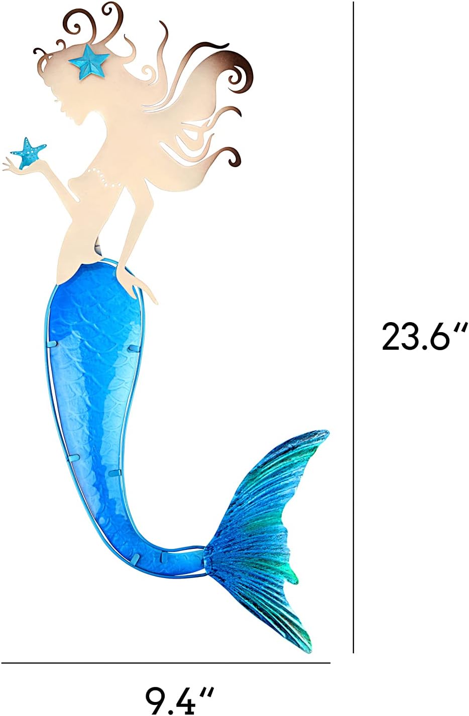John's Studio Mermaid Wall Decor Outdoor Metal Fish Bathroom Hanging Art Glass Blue Ocean Theme Decorations for Home, Pool and Patio