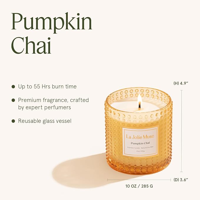 LA JOLIE MUSE Pumpkin Chai Scented Candles for Home, Natural Soy Wax,55 Hrs | Fall Candle for Thanksgiving Holiday, Large Jar Luxury Candle, Clean Non Toxic, Decorative Gifts for Women & Men, Spicy Chai