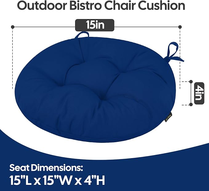 idee-home Outdoor Bistro Chair Cushions Set of 4, Round Seat Cushions | 15”x15”x 4” Thick Outdoor Round Seat Pads Tufted with Ties, Waterproof Patio Furniture Pads for Garden