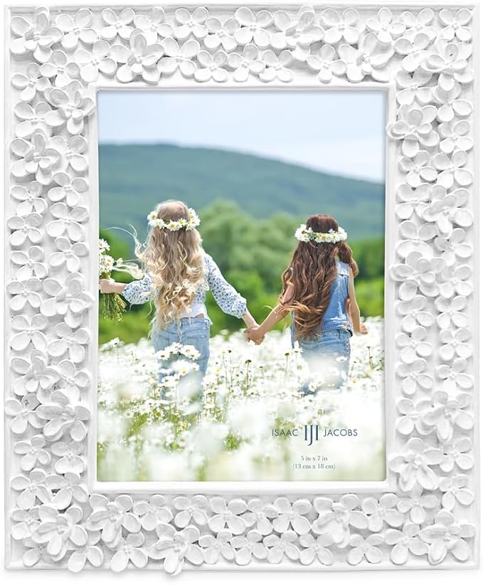 Isaac Jacobs 5x7 White Flower Textured Hand-Crafted Resin Picture Frame w/Easel & Hook for Tabletop & Wall Display, Decorative Floral Design Home Décor, Photo Gallery, Art (5x7, White)