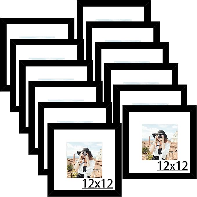 Picrit 12x12 Picture Frame Set of 12, Display 8x8 with Mat or 12 x 12 without Mat, Photo Frames for Wall Mounting Display, Black