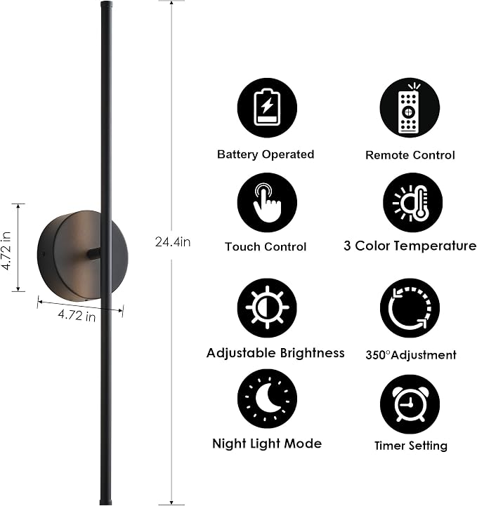 KARTOOSH Removable Battery Operated Wall Sconces with Remote Control 350°Rotate LED Wireless Wall Lights with 3 Color Temperatures & Dimming for Bedroom, Hallway,24.4 Inch (2 Pack)
