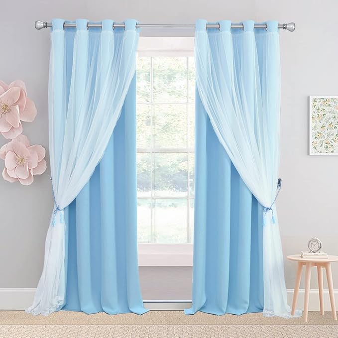 Extra Long Light Blue Blackout Double Layers Curtains Set, Mix & Match Elegance Blue with White Crushed Voile Drapes for Living Room with tie-backs, Nursery, Kids' room, Bedroom, 52'' x108''