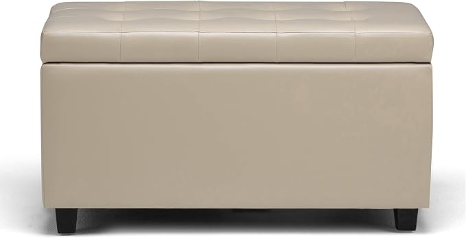 SIMPLIHOME Cosmopolitan Storage Ottoman - 34 inch Wide Upholstered Vegan Leather Rectangle Storage Ottoman Bench in Satin Cream, Transitional Tufted Ottoman for Living Room with Lift-Up Lid