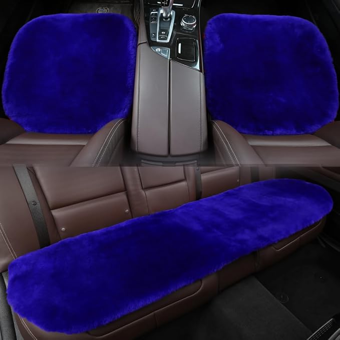 OGLAND Fuzzy Genuine Sheepskin Car Rear Seat Cover for Kids Dogs Pets Auto Bench Back Cushion Interior Accessories with Soft Fluffy Wool Natural Fur, Blue