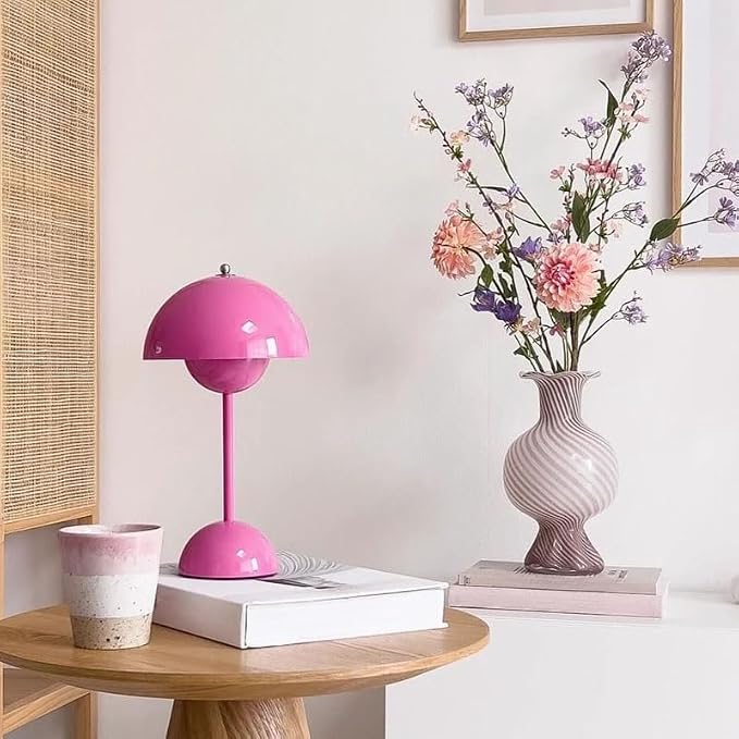 Modern Flower Bud Lamp 12" Cordless Touch Lamp Dimmable 2600mAh Rechargeable Desk Lamp Nordic Minimalist Mushroom Lamp Nightstand Bedside Lamp for Bedroom Living Room(Pink) No Reading Light