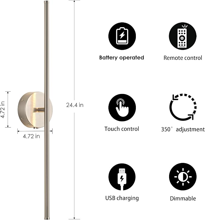 KARTOOSH Battery Operated Wall Sconces with Remote Control, Dimmable Wall Sconces Set of Two, 350°Rotate, 3000K LED Nickel Wireless Wall Light for Living Room, Bedroom, Hallway, 32.2 Inch (2 Pack)