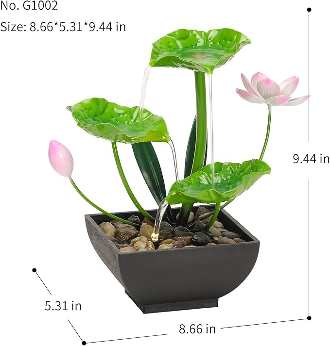 Water Fountain Indoor Waterfall Fountain 3-Tier Tabletop Fountain Lotus Desk Relaxation Home Decor Including Lots of Rocks and Soothing Sound Machine (Green 2)