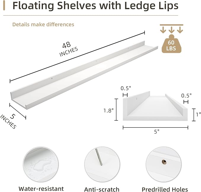 Acovy Picture Ledge Shelf, Wood Floating, Set of 2, 48 inch, White | Wall Mounted, For Living Room Kids' Room Bedroom, Photo Ledge Nursery Book Shelves
