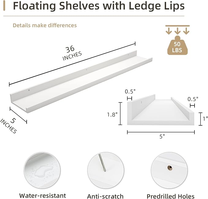 Acovy Picture Ledge Shelf, Wood Floating Shelves, 36 inch, White, Set of 2 | Photo Ledge, Wall Mounted, For Nursery Book Living Room Kids' Room Bedroom