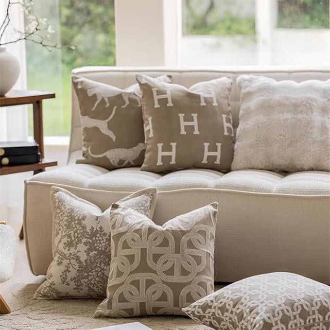 Croker Horse 20x20'' Inches Throw Pillow Cushion Cover - Beige H Letter Embroidery Modern Fashion Style Couch Sofa Pillow Cover for Living Room Bedroom