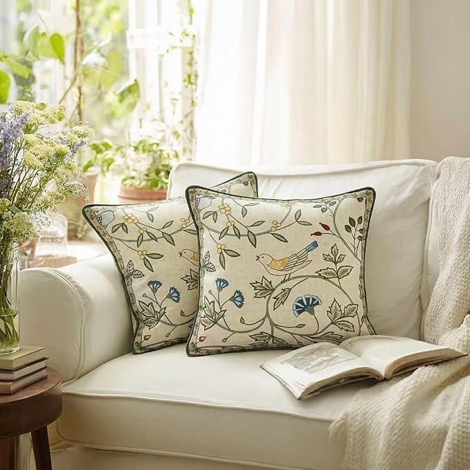 bilin gaier Designer Linen Throw Pillow Covers,20"x12" Set of 2-Idaho A | Vintage Elegant Rectangle Pillow Cover,Concealed Zipper,Floral and Bird Pattern,Sofas,Bedroom,Living Room,Lounge Chairs
