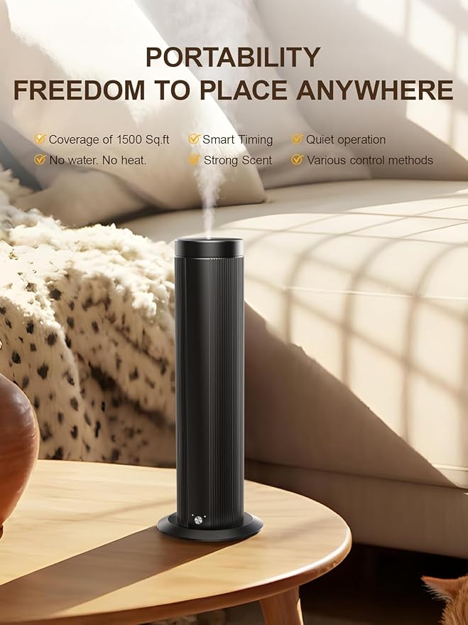 Waterless Scent Diffuser for Large Room up to 1500 Sq Ft - Cold Air Essential Oil Diffuser with App Timer & ≤25dB Quiet, for Home Bedroom Office Hotel Spa, Black (Oils Not Included)