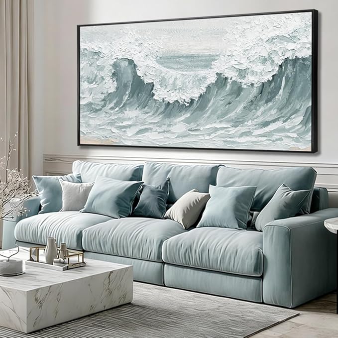 Large Framed Green Giant Waves Abstract Ocean Nature Wall Art Modern Neutral Wall Decor Canvas Print Textured White Painting Pictures for Living Room Bedroom Home 29"x58"