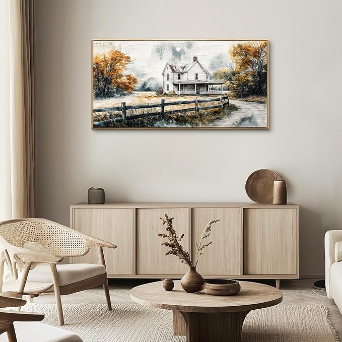 QIYILEXWART Wood Framed Canvas Wall Art For Living Room Wall Decor For Bedroom Office Wall Decoration White Hut Painting Farmhouse Watercolour Pictures Artworks Room Home Decor Ready To Hang