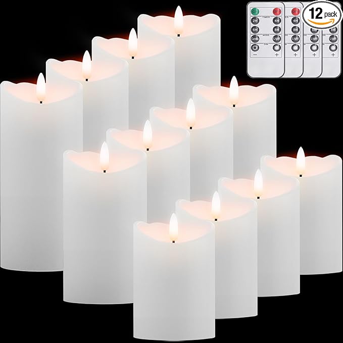 Oleitodh 12 Pack Flameless Pillar Candles with Remote and Timer, Flickering Battery Operated LED Candles, Realistic Melted Edge Plastic Candles for Wedding, Fireplace, Home Decor, White