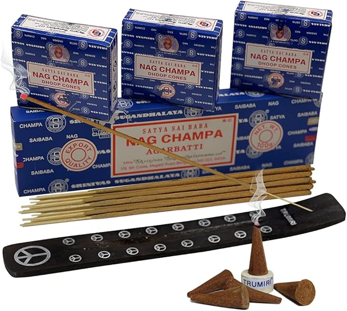 Nag Champa Incense Sticks 100g and Cones Variety Pack with Burner Holder Bundle from Satya Incense 100g Trumiri for Smudging and Aroma