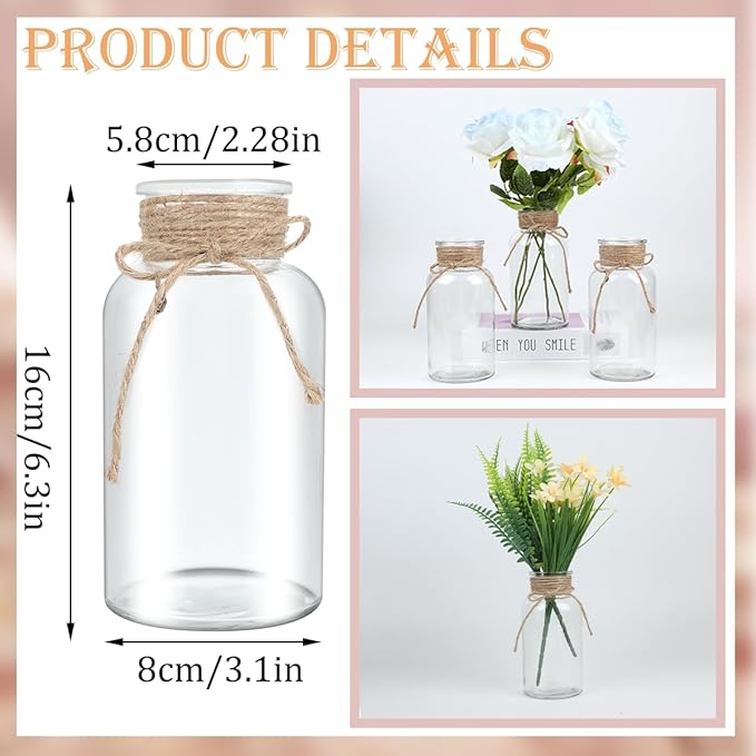 Vintage Glass Flower Vase, Farmhouse Glass Centerpiece Vases Mason Jars for Weddings, Parties & Home Decor Bulk (6, Transparent)
