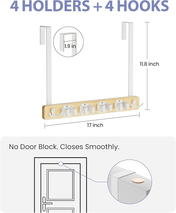 FANGSUN Broom Holder Door Mount Hanging, Over The Door Broom and Mop Organizer with 4 Slots and 4 Hooks, Wooden Tool Rack Storage Hanger for Laundry, Closet, Garage, No Drills