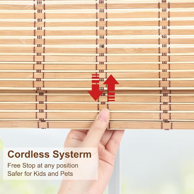 LUCKUP Cordless Roman Shades, Roll Up Bamboo Blinds for Indoor Windows, Light Filtering UV Protection Natural Bamboo Shades, Easy to Install for Home & Office, 44" W x 64" L, Natural