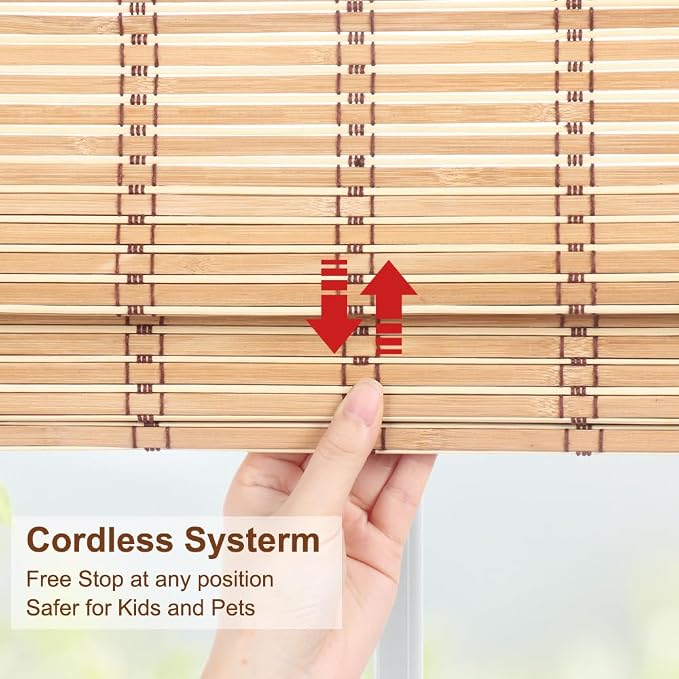 LUCKUP Cordless Roman Shades, Roll Up Bamboo Blinds for Indoor Windows, Light Filtering UV Protection Natural Bamboo Shades, Easy to Install for Home & Office, 38" W x 64" L, Natural