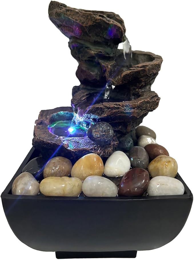 Tabletop Fountain Indoor Waterfall Rock Fountain, Meditation Fountain with Color LED Light, Waterfall Feature for Home Office Decor