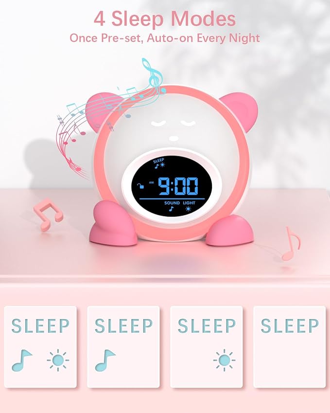 OK to Wake Clock for Kids, Sleep Training Clock with Night Light and Sound Machine, Kids Alarm Clock for Bedrooms (Pink)