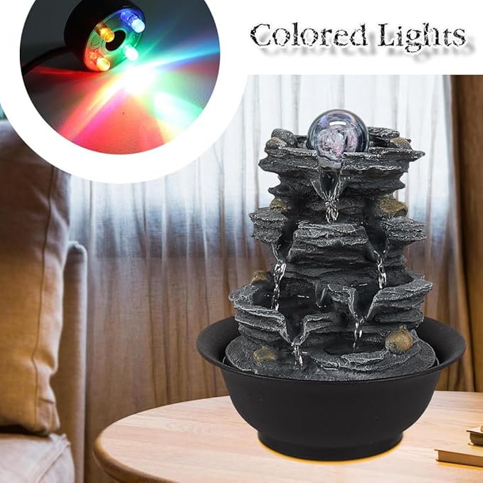 Tabletop Water Indoor Fountain Waterfall Indoor Water Fountains Feng Shui Zen Decorative Desktop Fountain with Colored Led Light and Spinning Ball for Room,Office(Style 1)