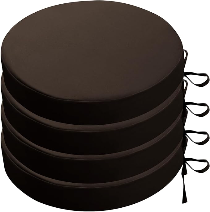 SK Studio Round Outdoor Chair Cushions for Patio Furniture, Set of 4 Waterproof Patio Chair Cushion with Adjustable Ties for Garden Sofa Couch, Dark Brown, 19"x19"x3"
