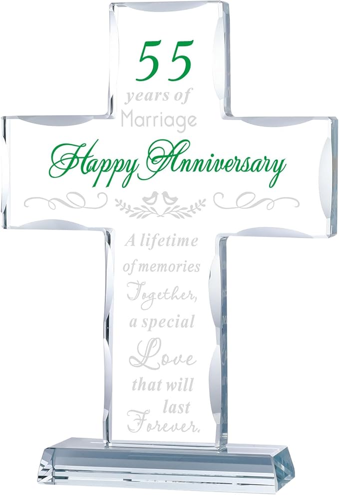 YWHL 55th Wedding Anniversary Glass Cross Gifts for Women Men, 55 Year Anniversary Religious Gift for Couple, Laser Engraved 55 Years of Marriage Party Decoration