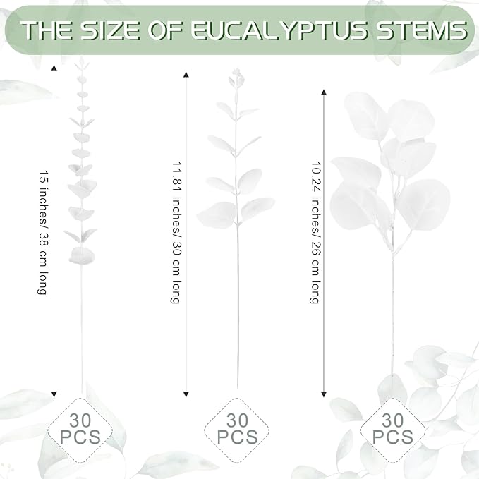 Giegxin 90 Pcs 3 Kinds Mixed Artificial Eucalyptus Leaves Stems Bulk Silver Dollar Leaves Picks Dried Eucalyptus Bundle Faux Spray for Wedding Vase Bouquet Floral Arrangement (White)