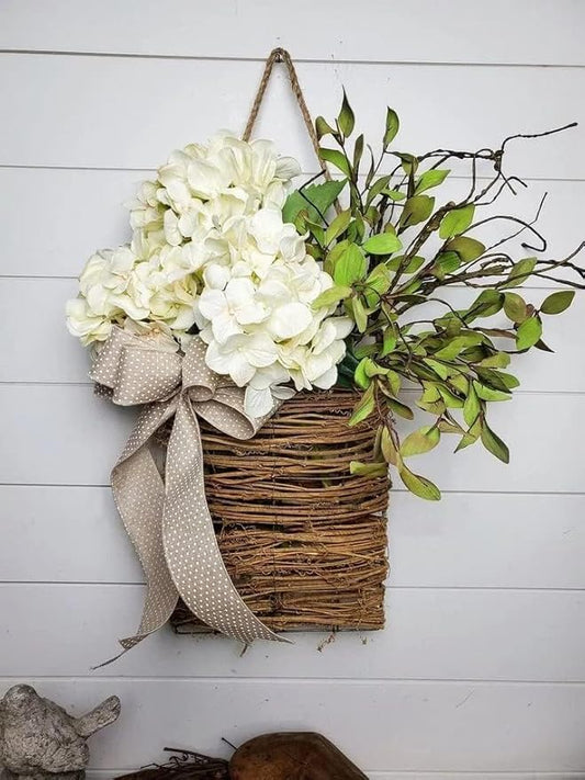2026 Cream Hydrangea Door Hanger Basket Wreath, Spring Summer Wreaths for Front Door Wildflowers Front Door Basket Wreath Artificial Flower Hanging Basket for Home Farmhouse Seasonal Decor (A)