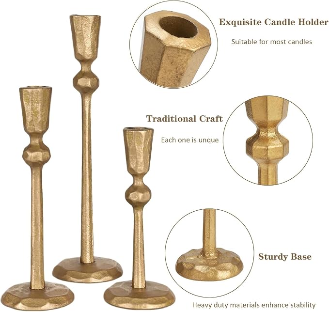 Taper Candle Holders,Candlestick Set of 3,Antique Brass Iron Gold Candle Stand Candlelight Dinner Wedding Party Kitchen Home Decoration