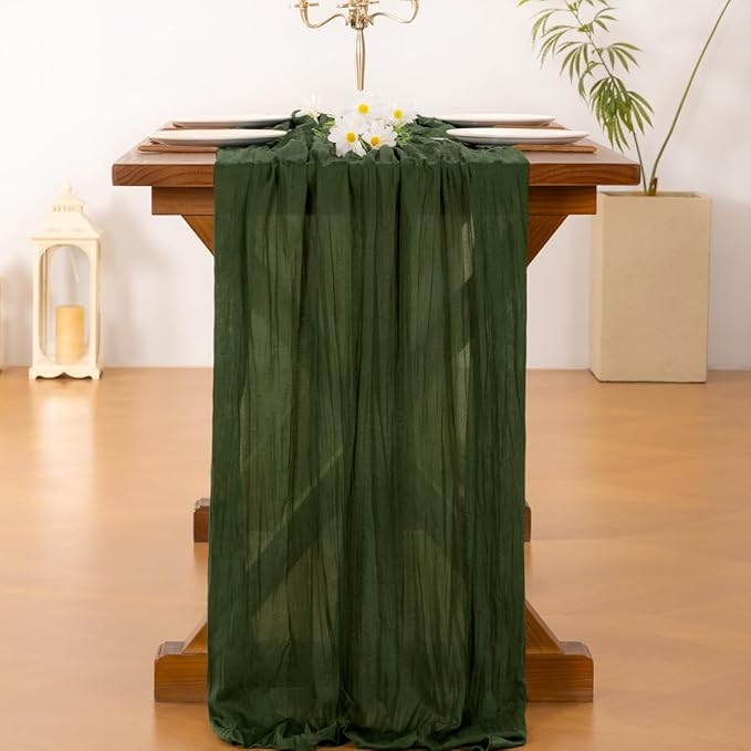Socomi 10pcs Olive Green Cheesecloth Table Runner Boho Rustic Gauze 120 inch 10FT Cheese Cloth Runner for Wedding Party Baby Shower Birthday Home Decor Holiday Decorations