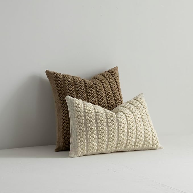 DEZENE Wool Boucle Lumbar Pillow Cover Premium Chic Accents Rectangular Textured Decorative Throw Pillow Case for Living Room Couch Sofa Home Decor 12"x20" Beige