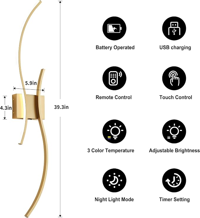 KARTOOSH Battery Operated Wall Sconce with Remote Control, Stepless Colors 3000K-6000K & Dimming, LED Gold Wireless Wall Light for Living Room, Hallway, Bedroom, 39.3 Inch (1 Pack)