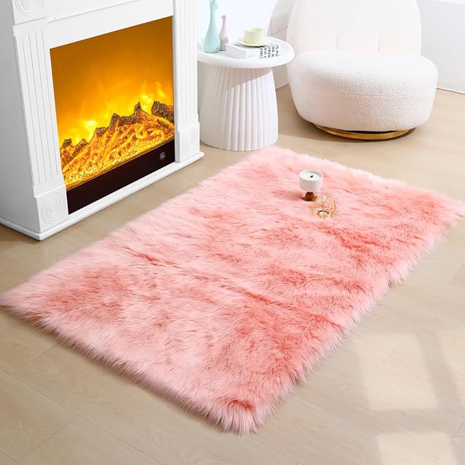 Faux Fur Rug Fluffy Sheepskin Area Rug,Ultra Soft Shaggy Plush Rug Bedroom Living Room Sofa Floor Kids Room Bedside（3 x 5 ft Rectangle Pink）