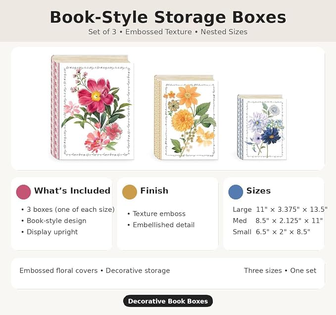 Punch Studio Decorative Storage Boxes with Lids | Nested Book Style Set of 3 Coated Cardboard Keepsake Box for Photos Documents Gifts Home Organization, 11” x 13.5” – Notable Florals