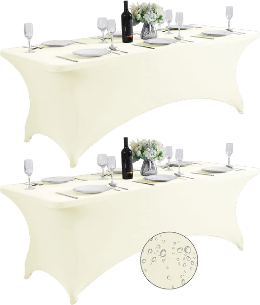 SuperO 2Pack Waterproof Spandex Table Cover for 8FT Table Universal Fitted Stretch Tablecloth for Party, Banquet, Wedding and Events-Ivory