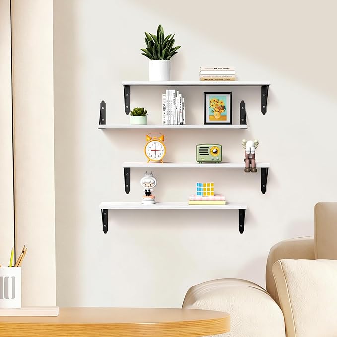 ROMGUAR CRAFT Wood Floating Shelves Set of 4, Rustic Storage Decor Wall Shelves, Wall Mounted Shelf for Living Room, Bedroom 23.6" x 6", White