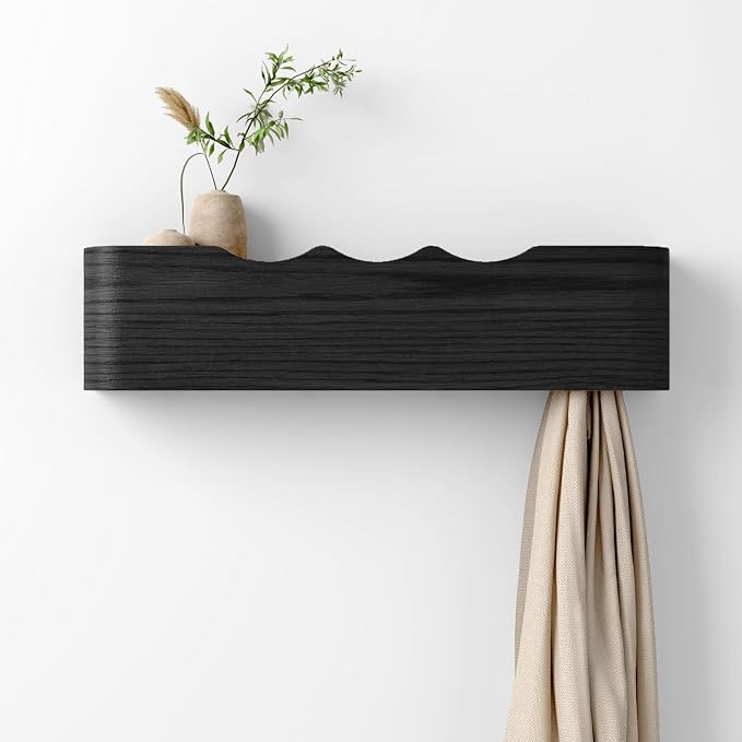 Coat Rack Wall Mount with Hidden Hooks, Wall Hooks with Shelf, Wall Key Holder Mount Wooden Shelf Entryway Hooks for Bedroom Bathroom for Hanging Coats Hats Bags Towels (Black Wave-Shape, 4 Hooks)