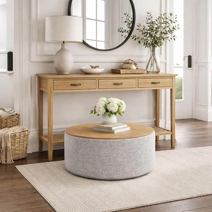 HomePop Modern Fabric Storage Ottoman with Wood Top -White Cream Boucle with Gray Yarn