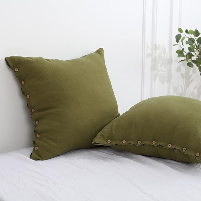 Simple&Opulence 100% Washed Linen Euro Sham Cover, 26 x 26 Inch, Decorative Bed Pillow Cover with Coconut Button, Solid Color Pillow Shams Set of 2 (Olive Green)
