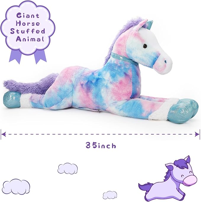 Tezituor 35 Inch Big Horse Stuffed Animals Plush Toy, Large Rainbow Stuffed Horse Toys Gift Soft Blue Pony Plush Body Pillow for Boys Girls