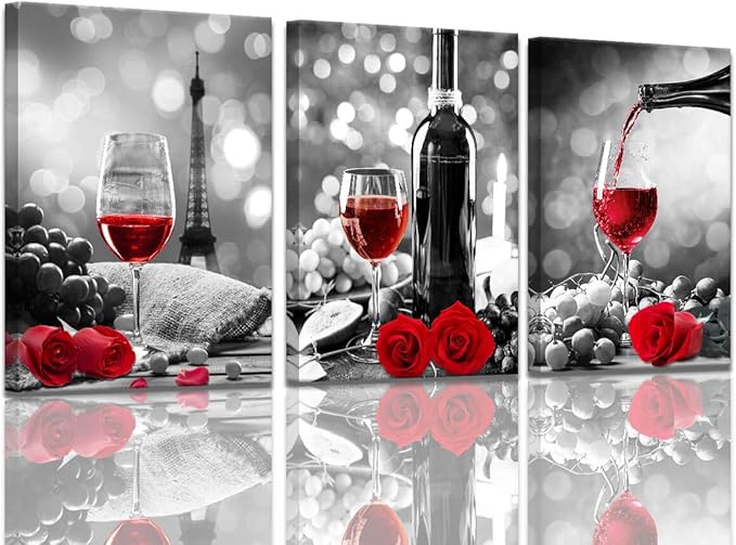 Wine Decor Kitchen Canvas Art Red Wine Rose Artwork for Home Walls Black and White With Red Wine Painting Printed Rose Art Dining Room Decor Red Kitchen Pictures Wall Decor Stretched 12x16inches x3pcs