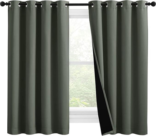 NICETOWN 100% Blackout Curtains 57 inches Long, Double-Deck Completely Blackout Window Treatment Thermal Insulated Lined Drapes for Small Window (Dark Mallard, 1 Pair, 55 inches Width Each Panel)