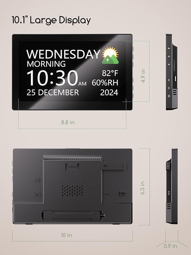Raynic Digital Clock, 10.1 Inch Large Display Calendar Clock with 12 Themes, 20 Alarms, 20 Reminders, Auto Dimming, 12/24 Hours, Indoor Temperature, Humidity for Seniors, Desk (Black)