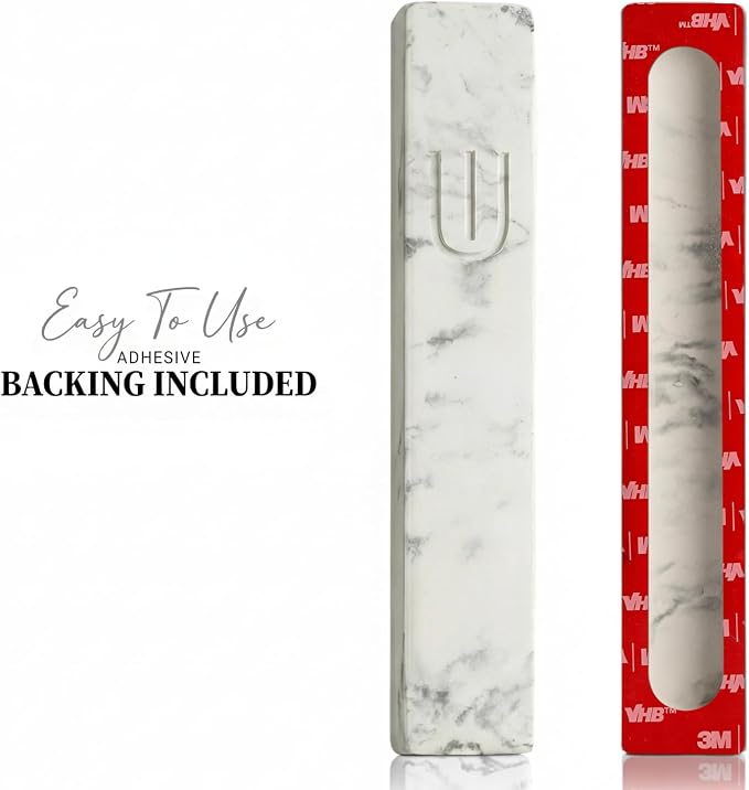 SURI Mezuzah for Door – 7 Inch Marble Cream Concrete Mezuzah Case with Non Kosher Scroll, Self-Stick Jewish Entry Design, Fits a 6 Inch Scroll, Gift Box Included