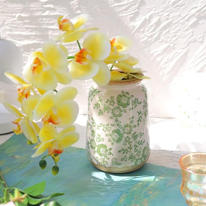 Ronasip Vintage Blue and White Chinoiserie Ceramic Vase, 6.9” Hand-Painted Peony Floral Design, Antique Style Vases for Home Decor, Centerpieces, Living Room, Balcony (Green and White)