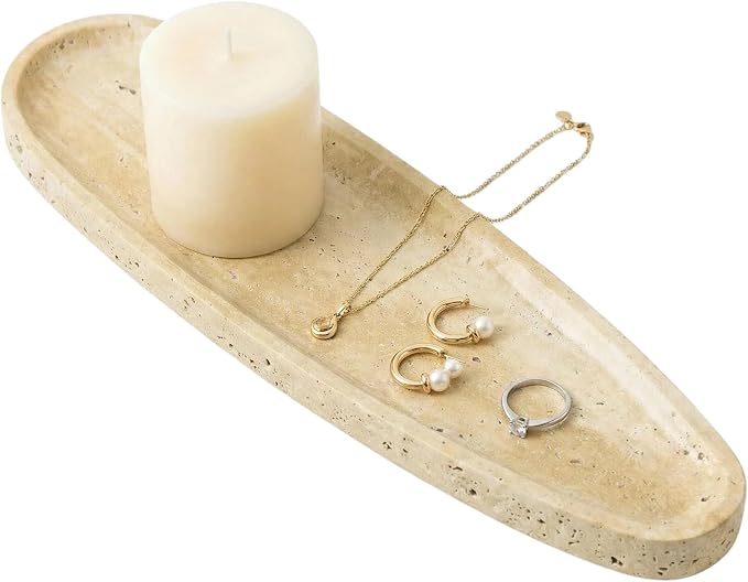 Natural Travertine Vanity Tray, 16.6"x4.6" Real Marble Decorative Tray for Bathroom Countertop & Home Decor, Catchall Organizer for Jewelry, Candles, Cosmetics & Perfume（Travertine）